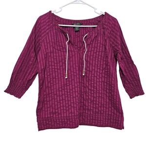 Eddie Bauer M Magenta Textured Cotton Boho Tunic Peasant Top Tie 3/4 Smock Cuffs